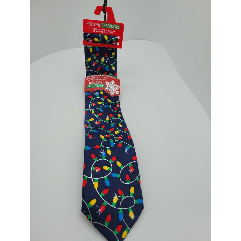 Holiday Traditions Mens Christmas Navy Blue and Multi Color Lights Neck Tie